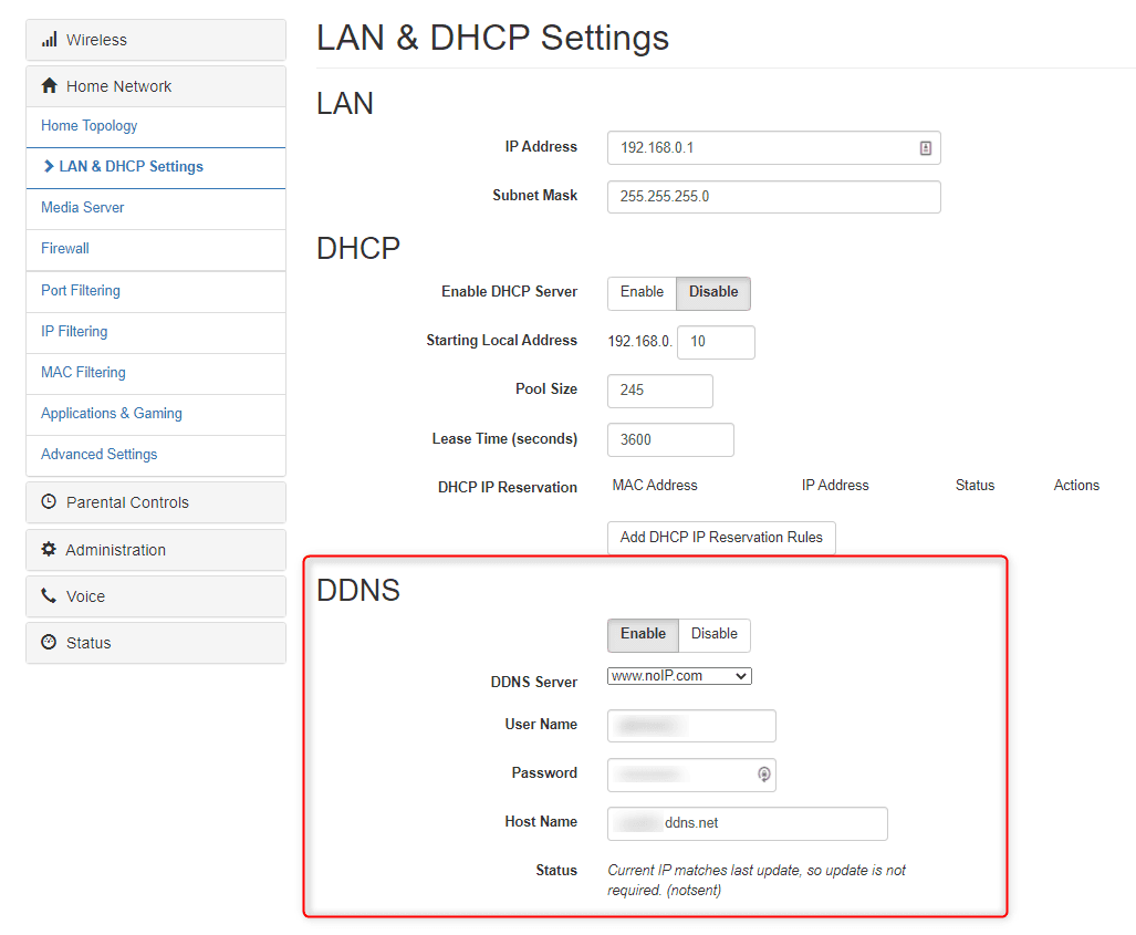 The router's LAN and DHCP Settings page, with the DDNS block outlined in red: DDNS Server set to www.noIP.com, a user name and password filled in, a .ddns.net host name, and Status reading Current IP matches last update, so update is not required.