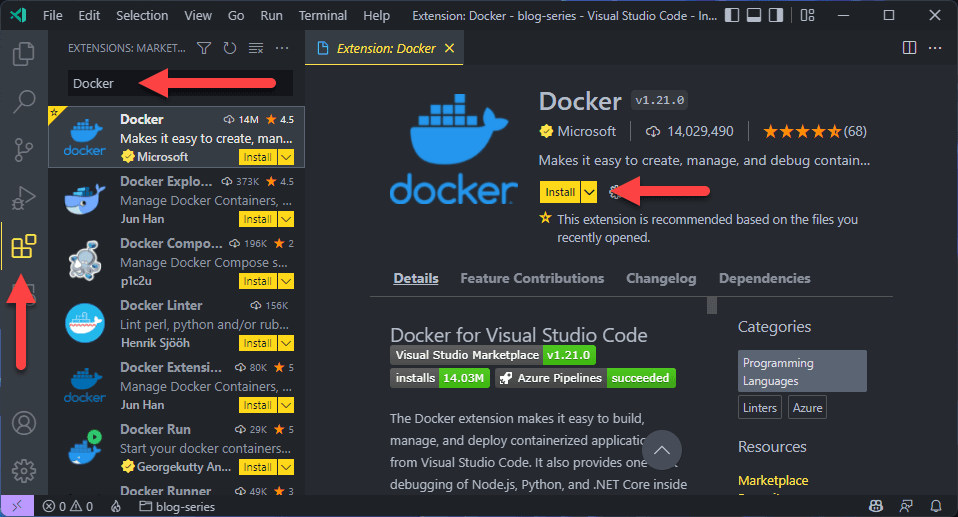 VS Code's Extensions view searched for "Docker", with red arrows on the Extensions icon, the search box and the Install button of Microsoft's Docker extension v1.21.0.
