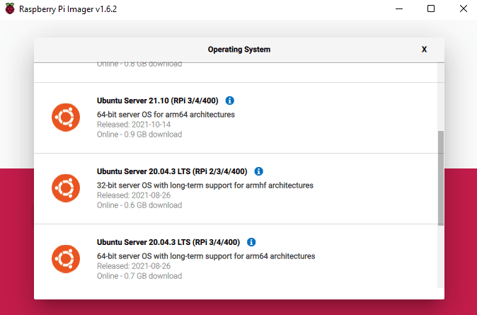 Raspberry Pi Imager's Operating System list scrolled to the Ubuntu entries, including Ubuntu Server 20.04.3 LTS (RPi 3/4/400), the 64-bit long-term-support build for arm64.