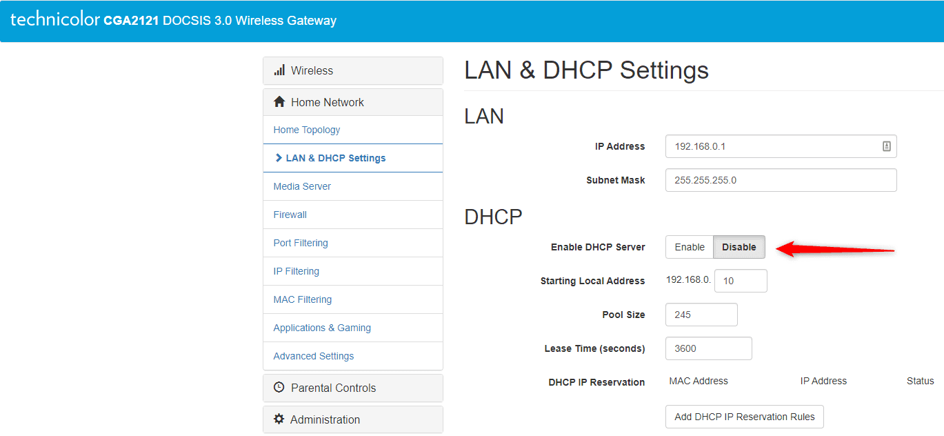 The Technicolor CGA2121's LAN & DHCP Settings page with Enable DHCP Server switched to Disable, arrowed in red.