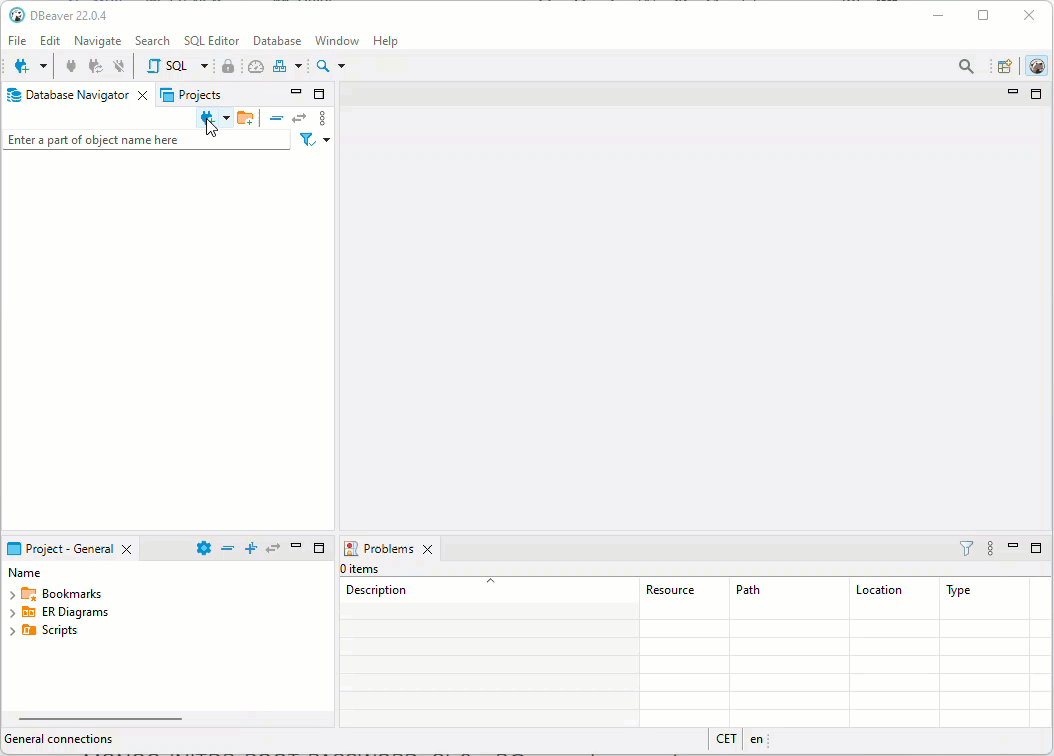 Screen recording: creating a MySQL connection in DBeaver to localhost port 7003 as root, and the containerised database opening in the Database Navigator.
