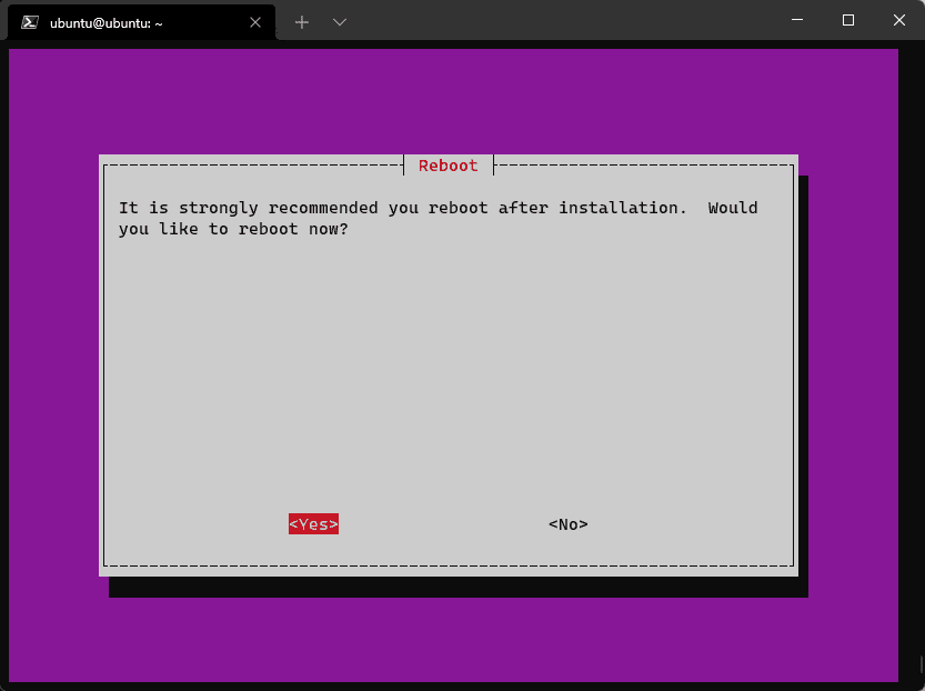 The PiVPN installer's "Reboot" dialog recommending a reboot after installation, with Yes selected.
