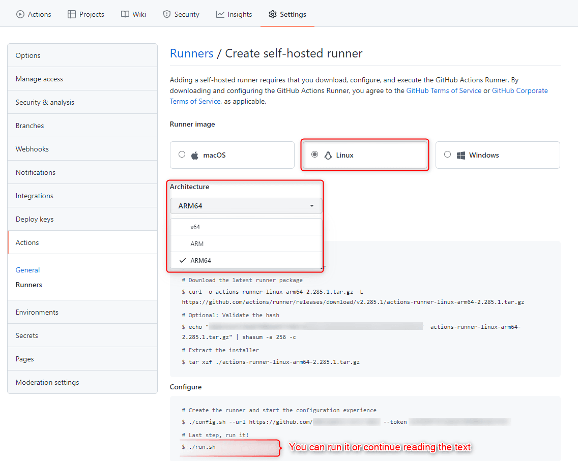 GitHub's Create self-hosted runner page with the Linux runner image selected and the Architecture dropdown open on ARM64, above the generated curl, shasum, tar and config.sh commands; the final ./run.sh line is annotated "You can run it or continue reading the text".