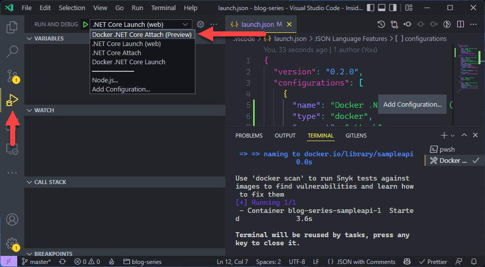 The Run and Debug configuration dropdown with "Docker .NET Core Attach (Preview)" selected, beside the terminal showing container blog-series-sampleapi-1 started.