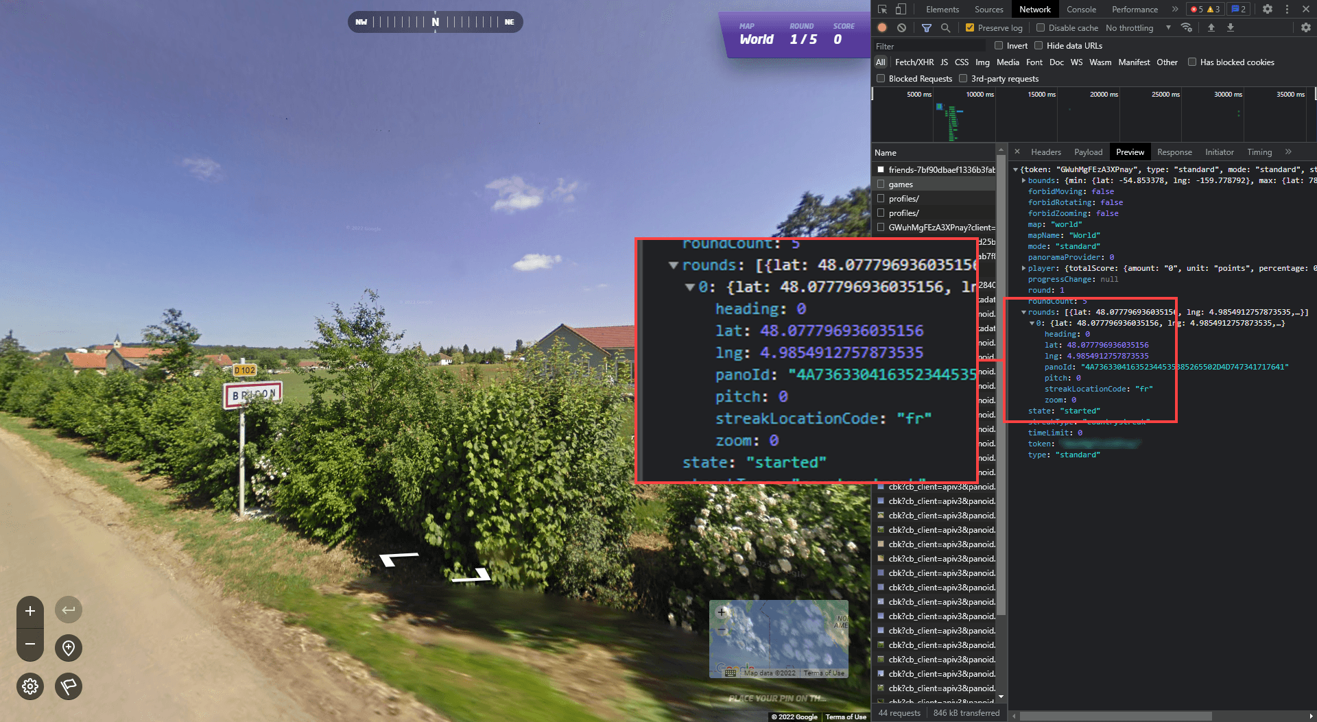 A Geoguessr round in Street View beside the browser's Network panel, with the /api/v3/games response expanded and lat 48.077796936035156, lng 4.9854912757873535 outlined in red.