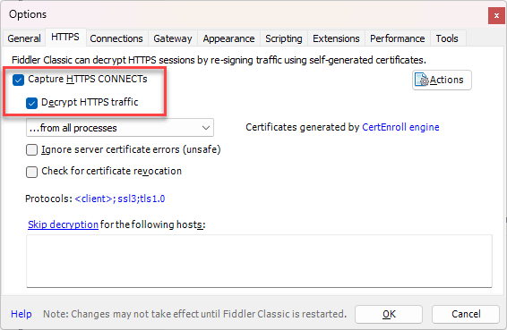 Fiddler Classic's Options dialog on the HTTPS tab, with the Capture HTTPS CONNECTs and Decrypt HTTPS traffic checkboxes both ticked and outlined in red.