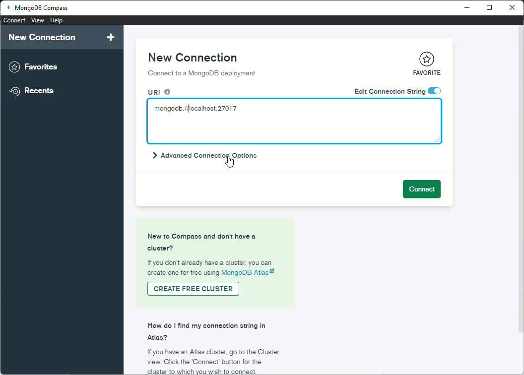Screen recording: pasting the mongodb://someuser:…@localhost:7004 URI into MongoDB Compass’s New Connection field and connecting to the containerised instance.