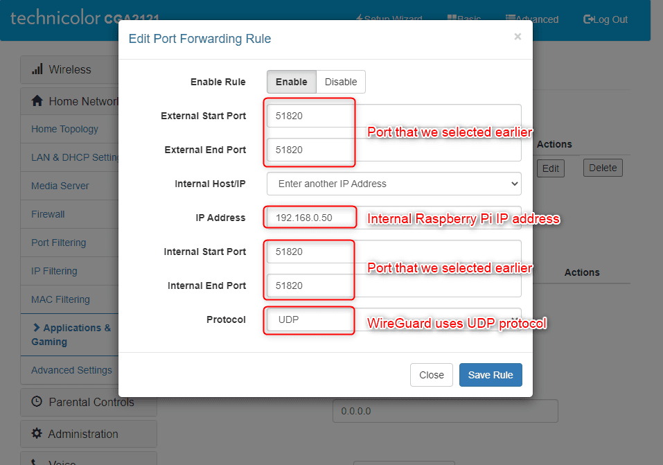 The Technicolor CGA2121 router's Edit Port Forwarding Rule dialog, annotated: external and internal start and end ports all 51820, IP address 192.168.0.50 labelled "internal Raspberry Pi IP address", and protocol UDP labelled "WireGuard uses UDP protocol".