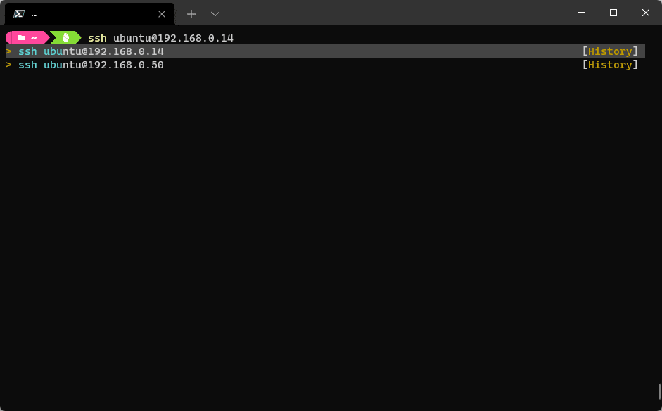 A terminal typing ssh ubuntu@192.168.0.14, with two matching commands offered from shell history.