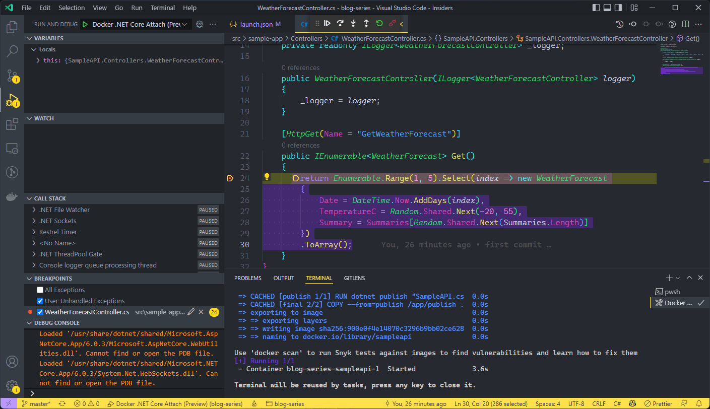 VS Code stopped at a breakpoint on line 24 of WeatherForecastController.cs while attached to the container, with Locals populated and six threads listed as PAUSED in the call stack.