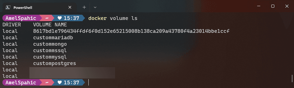 A PowerShell window running docker volume ls, listing the local volumes custommariadb, custommongo, custommssql, custommysql and custompostgres.