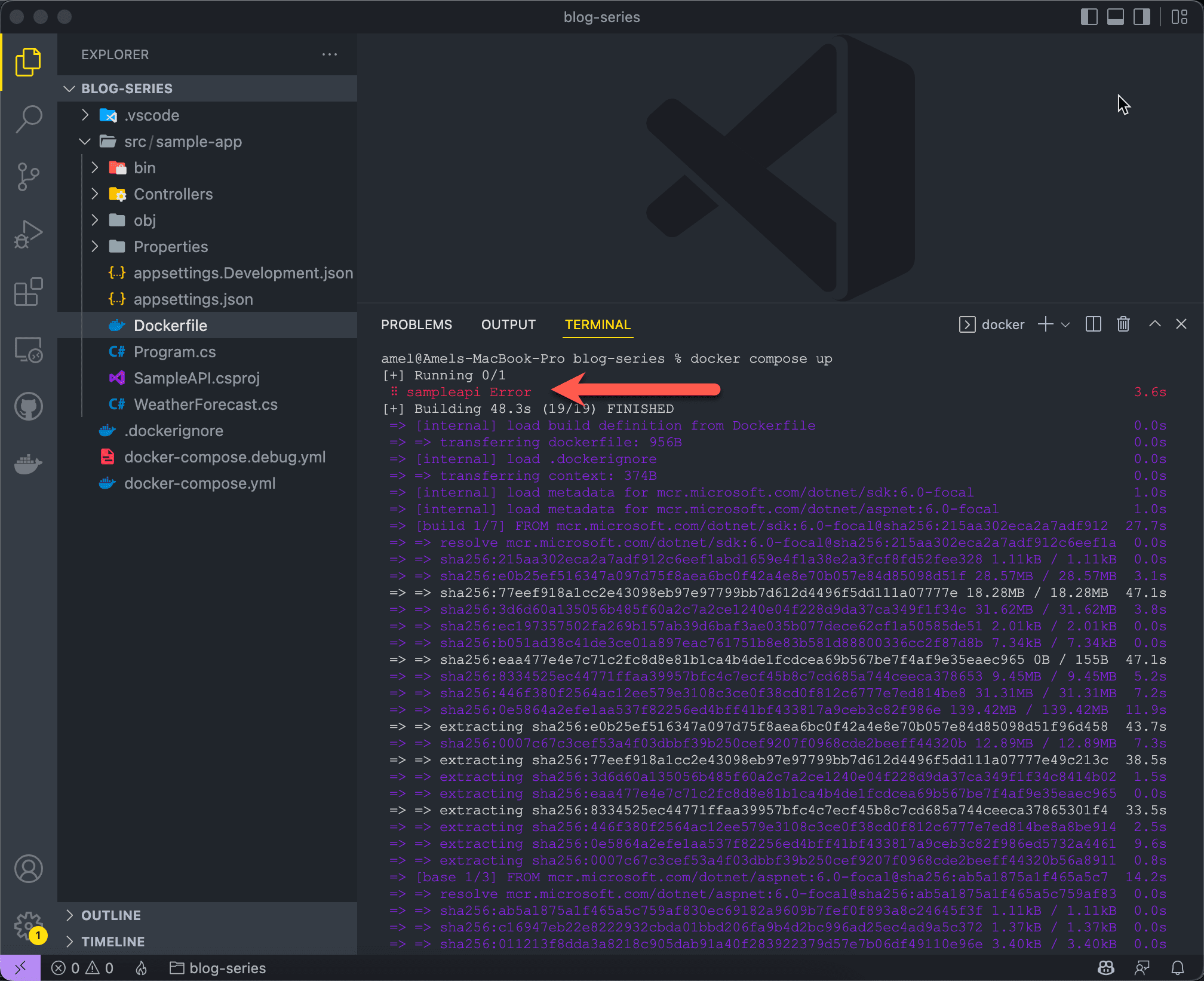 VS Code with the sample-app project open and docker compose up running in the terminal, working through the sdk:6.0-focal and aspnet:6.0-focal layer pulls to Building 48.3s FINISHED.