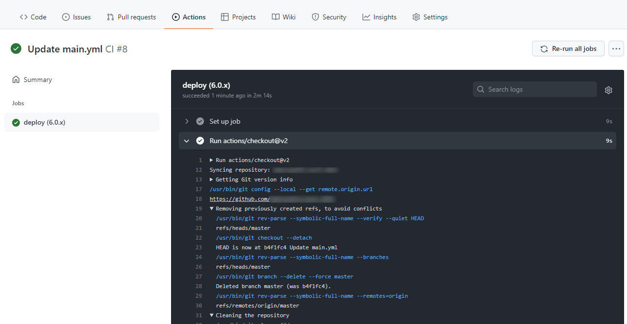 The repository's Actions tab showing run CI #8 succeeded in 2m 14s, with the deploy (6.0.x) job expanded on the actions/checkout@v2 step log.