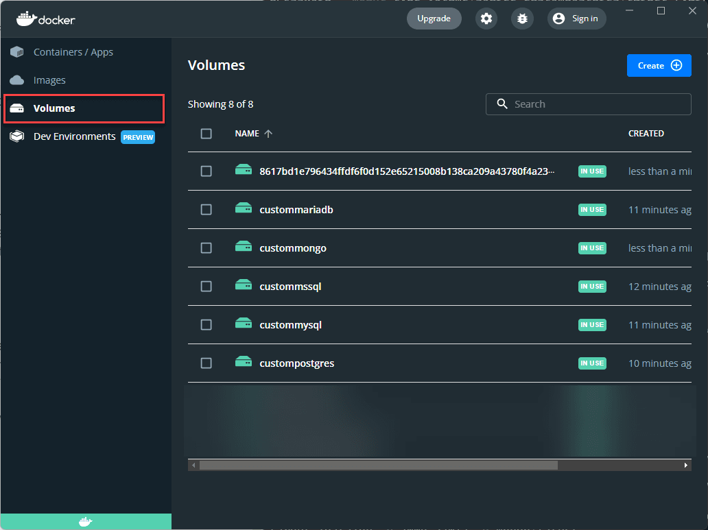 Docker Desktop's Volumes tab, outlined in red in the sidebar, showing the same five custom volumes plus an anonymous one, each marked IN USE.