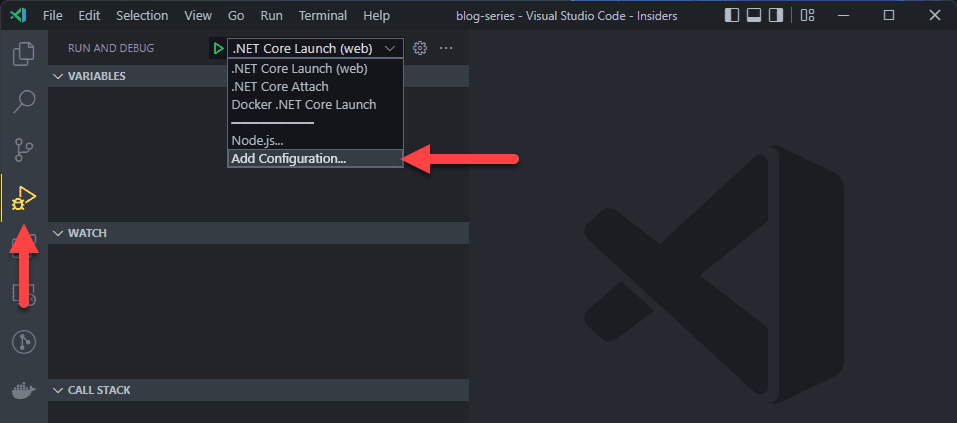 VS Code's Run and Debug panel with the configuration dropdown open and Add Configuration… arrowed at the bottom of the list.