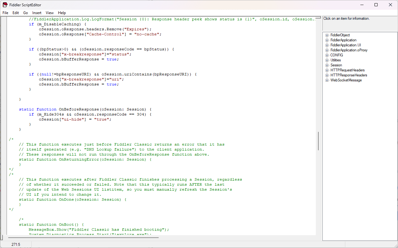 The Fiddler ScriptEditor window open on CustomRules.js, scrolled to the empty static function OnBeforeResponse(oSession: Session) block.