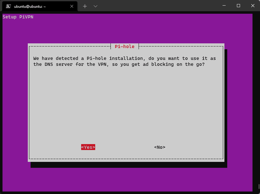 The PiVPN installer's "Pi-hole" dialog: it has detected a Pi-hole installation and asks whether to use it as the VPN's DNS server, with Yes selected.