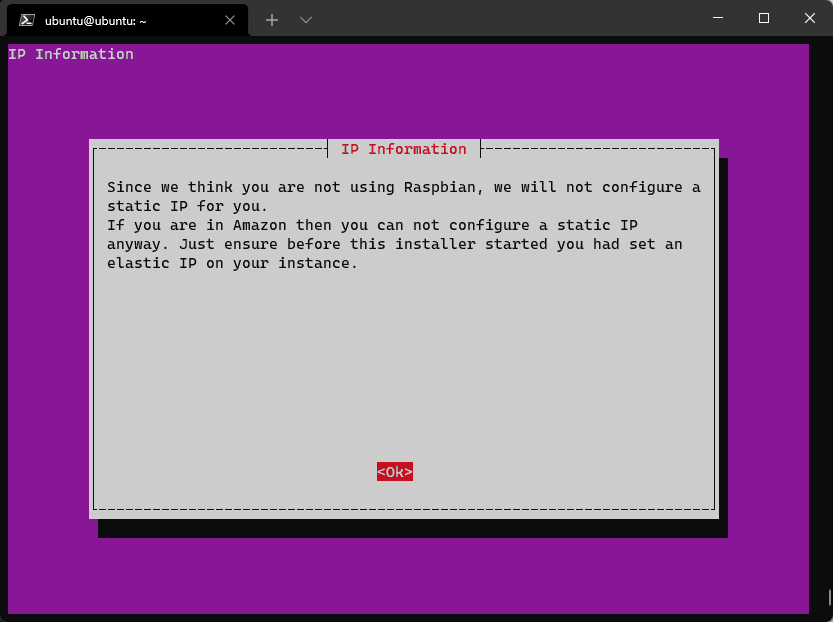 The PiVPN installer's "IP Information" dialog explaining that because this is not Raspbian it will not configure a static IP for you.