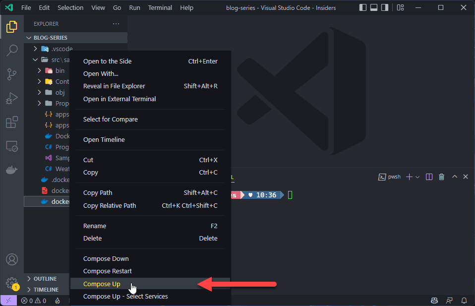 The VS Code Explorer context menu on docker-compose.yml, with Compose Up highlighted near the bottom beside Compose Down and Compose Restart.