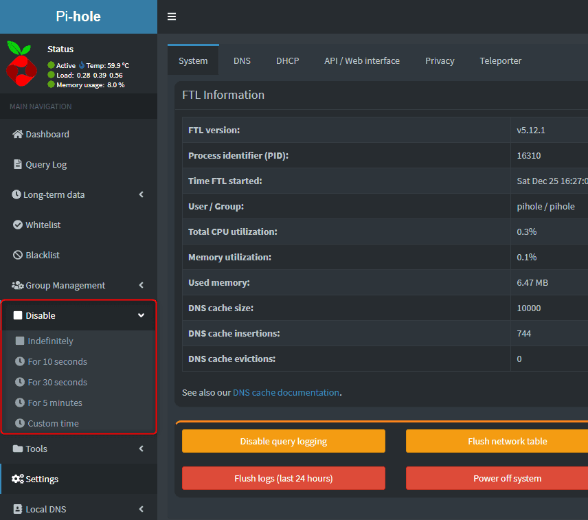 Pi-hole's Settings > System tab showing FTL version, uptime and DNS cache figures, with the sidebar Disable menu expanded on Indefinitely, For 10 seconds, For 30 seconds, For 5 minutes and Custom time.