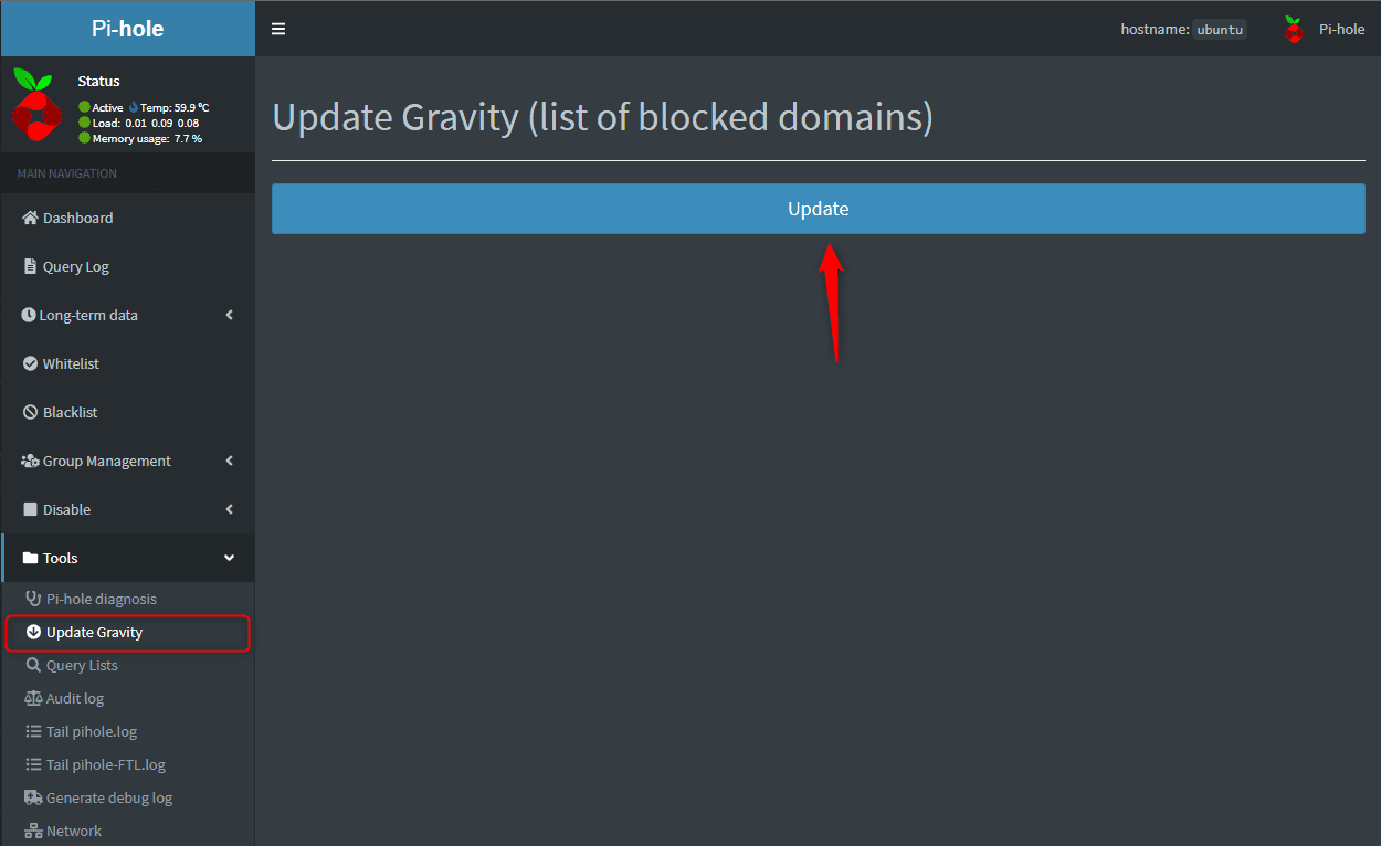 Pi-hole's Tools > Update Gravity page, with the Update button arrowed in red and Update Gravity outlined in the sidebar.