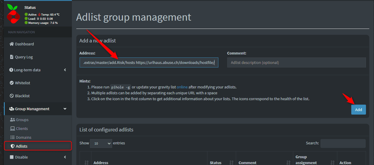 Pi-hole's Adlist group management page with a space-separated list of blocklist URLs pasted into the Address field and the Add button arrowed in red.