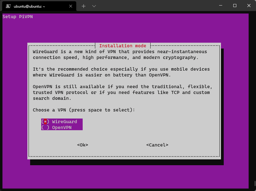The PiVPN installer's "Installation mode" dialog comparing WireGuard and OpenVPN, with WireGuard selected in the radio list.