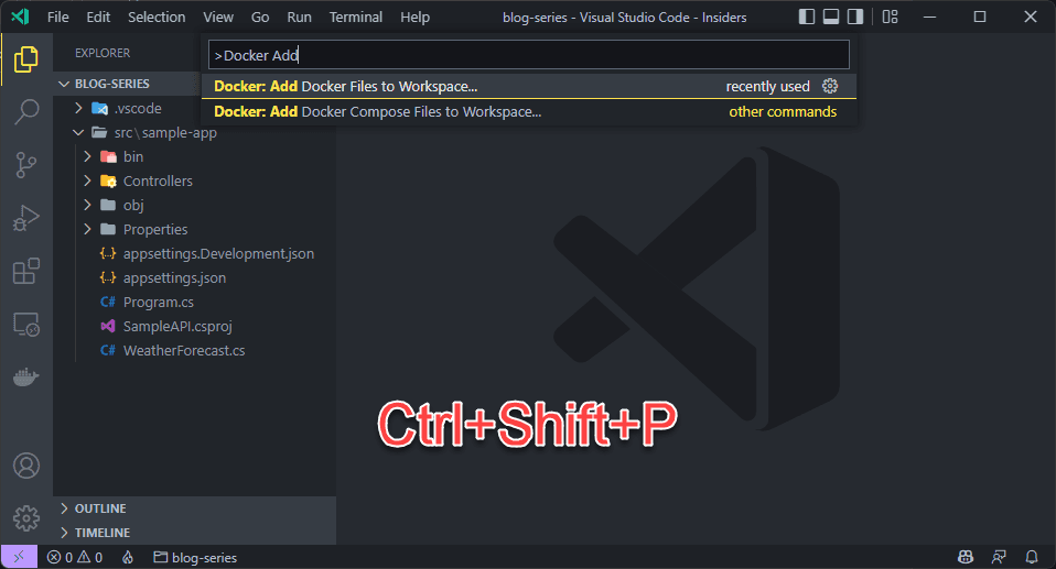 VS Code's Command Palette with "Docker Add" typed, listing Docker: Add Docker Files to Workspace and Docker: Add Docker Compose Files to Workspace, with Ctrl+Shift+P overlaid in red.