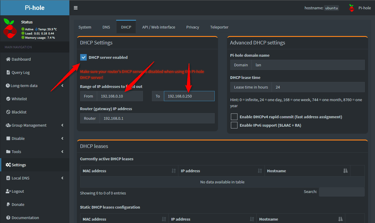 Pi-hole's Settings > DHCP tab with DHCP server enabled ticked, the lease range 192.168.0.10 to 192.168.0.250 and gateway 192.168.0.1, under a red warning to disable the router's own DHCP server first.