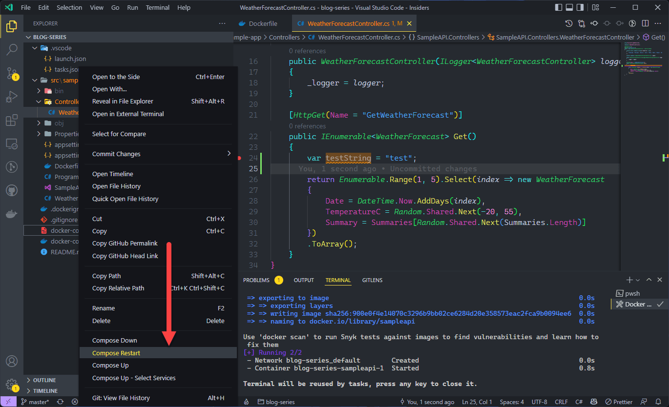 VS Code with a breakpoint set on var testString = "test"; in WeatherForecastController.cs and the Explorer context menu open on docker-compose.yml, Compose Restart highlighted.