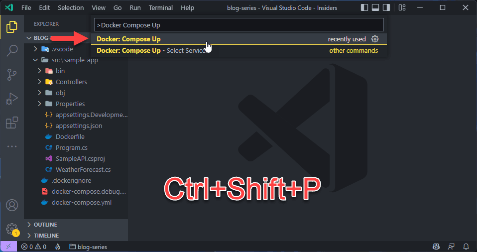 VS Code's Command Palette open on "Docker Compose Up", with the Docker: Compose Up entry highlighted and the Ctrl+Shift+P shortcut overlaid.