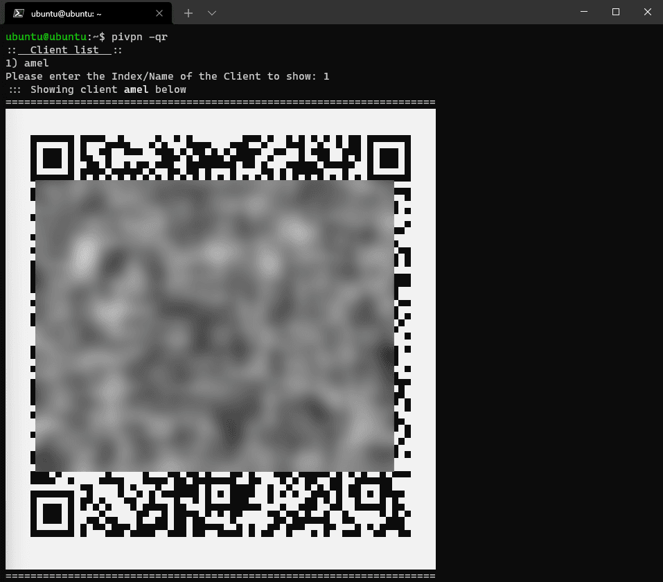 A terminal running pivpn -qr, choosing client 1 (amel) from the client list and printing the WireGuard configuration as a QR code, blurred here.