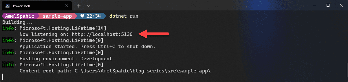 A PowerShell prompt in the sample-app folder running dotnet run, with a red arrow on the Microsoft.Hosting.Lifetime line reading "Now listening on: http://localhost:5130".
