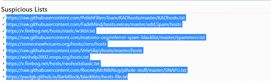 A "Suspicious Lists" section of a blocklist directory, with ten host-list URLs selected — KADhosts, add.Spam, w3kbl, the Matomo referrer-spam blacklist, someonewhocares, yhosts, winhelp2002, neohostsbasic, SNAFU and BarbBlock.