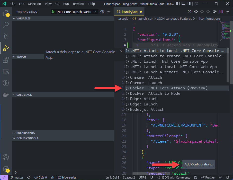 The Add Configuration list inside launch.json, with "Docker: .NET Core Attach (Preview)" arrowed among the .NET, Chrome, Edge and Node entries.