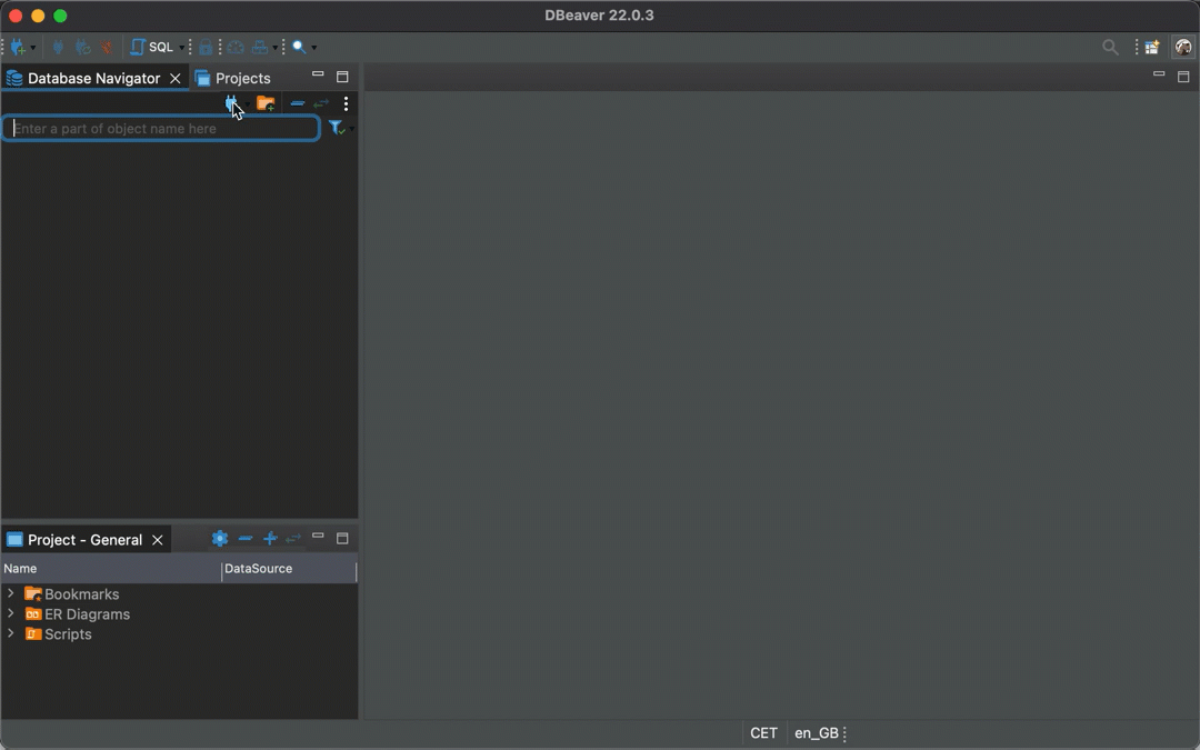 Screen recording: creating a new PostgreSQL connection in DBeaver to localhost port 2000 with password somepass, and the container database opening in the Database Navigator.